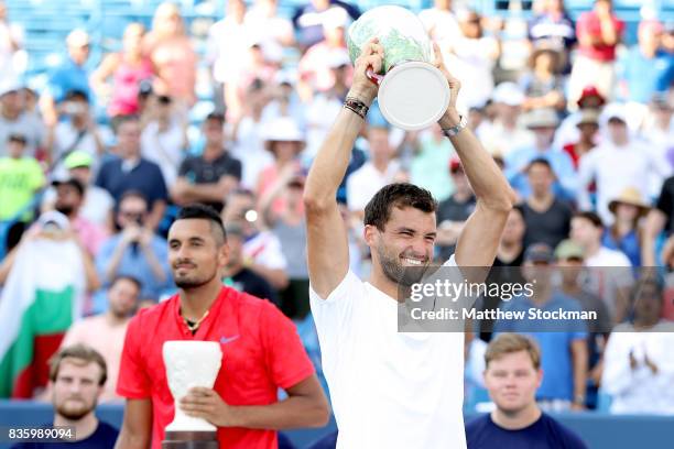 Grigor Dimitrov of Bulgaria celebrates his win over Nick Kyrgios of Australia during the men's final on day 9 of the Western & Southern Open at the...