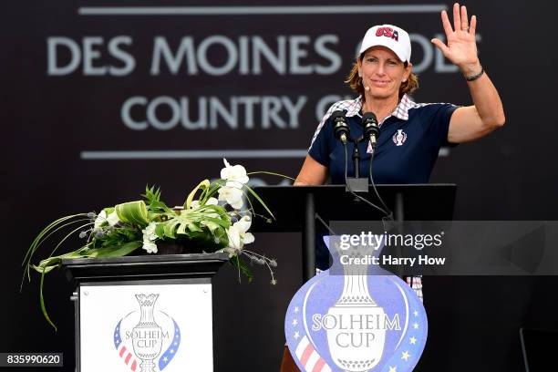 Juli Inkster of Team USA speaks on stage at closing ceremony after beating Team Europe 16 1/2 to 11 1/2 during the Solheim Cup at the Des Moines Golf...