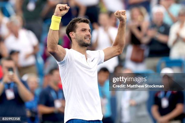 Grigor Dimitrov of Bulgaria celebrates his win over Nick Kyrgios of Australia during the men's final on day 9 of the Western & Southern Open at the...