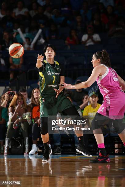 Ramu Tokashiki of the Seattle Storm passes the ball against the Chicago Sky on August 20, 2017 at Allstate Arena in Rosemont, IL. NOTE TO USER: User...