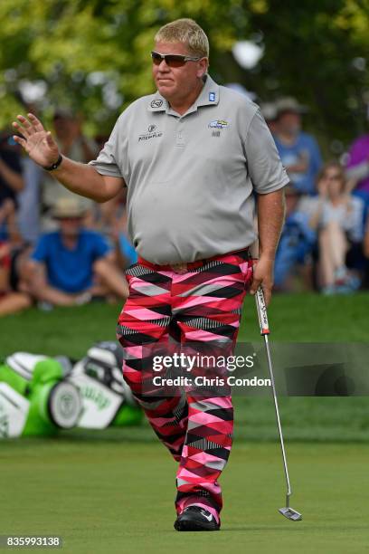 John Daly birdies the 8th hole during the final round of the PGA TOUR Champions DICK'S Sporting Goods Open at En-Joie Golf Course on August 20, 2017...