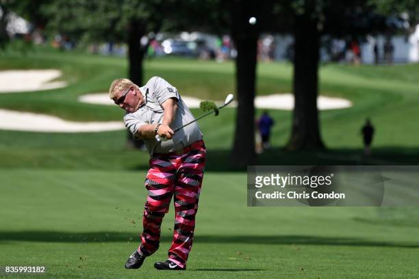 John Daly Hits from the 6th fairway during the final round of the PGA TOUR Champions DICK'S Sporting Goods Open at En-Joie Golf Course on August 20,...