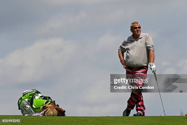 John Daly plays from the first fairway during the final round of the PGA TOUR Champions DICK'S Sporting Goods Open at En-Joie Golf Course on August...