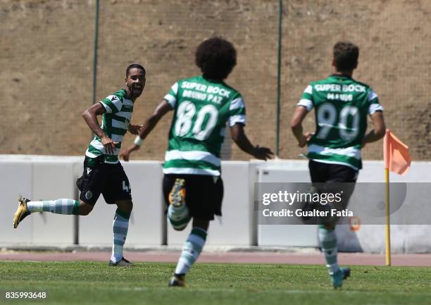 Sporting CP B midfielder Pedro Delgado celebrates after scoring a goal during the Segunda Liga match between Real SC and Sporting CP B at Complexo...