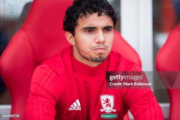 Fabio Da Silva of Middlesbrough takes his seat on the subs bench during the Sky Bet Championship match between Nottingham Forest and Middlesbrough at...