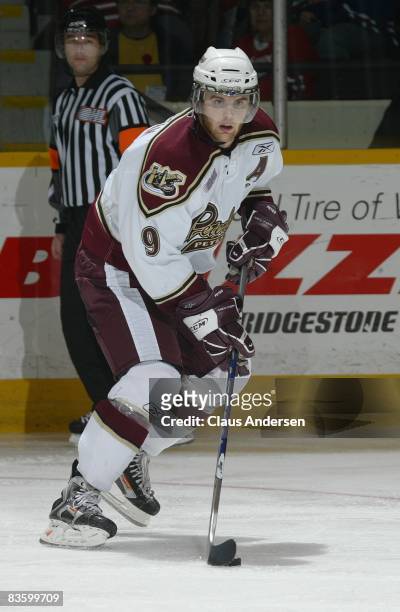 Zack Kassian of the Peterborough Petes skates in a game against the Oshawa Generals on November 6, 2008 at the Peterborough Memorial Centre in...