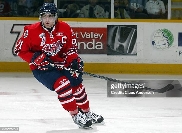 John Tavares of the Oshawa Generals skates in a game against the Peterborough Petes on November 6, 2008 at the Peterborough Memorial Centre in...