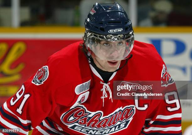 John Tavares of the Oshawa Generals gets set for a faceoff in a game against the Peterborough Petes on November 6, 2008 at the Peterborough Memorial...