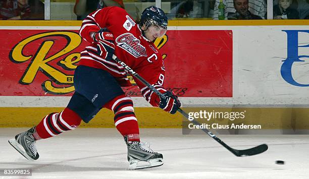 John Tavares of the Oshawa Generals fires a shot on goal in a game against the Peterborough Petes on November 6, 2008 at the Peterborough Memorial...