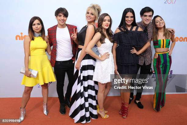 Members of the soap opera Vikki RPM pose for pictures during the Kids Choice Awards Mexico 2017 Orange Carpet at Auditorio Nacional on August 19,...