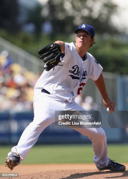 Clayton Kershaw of the Los Angeles Dodgers pitches against the Arizona Diamondbacks at Dodger Stadium on September 7, 2008 in Los Angeles,...