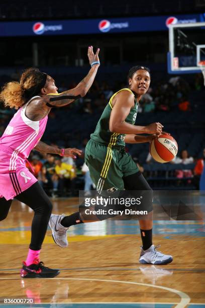 Noelle Quinn of the Seattle Storm handles the ball against the Chicago Sky on August 20, 2017 at Allstate Arena in Rosemont, IL. NOTE TO USER: User...