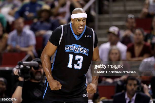 Jerome Williams of the Power yells during the game against the 3 Headed Monsters in week nine of the BIG3 three-on-three basketball league at...