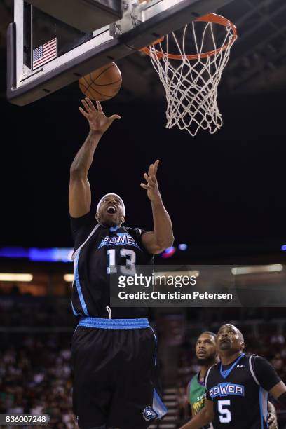Jerome Williams of the Power drives the ball to the basket in the game against the 3 Headed Monsters in week nine of the BIG3 three-on-three...