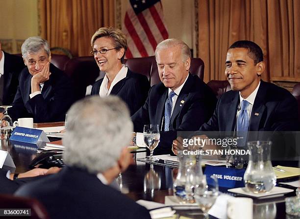 President-elect Barack Obama , and Vice President-elect Joe Biden meet with the Transition Economic Advisory Board November 7, 2008 in Chicago,...