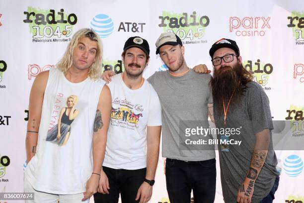 Judah Akers, Spencer Cross, Brian Macdonald and Nate Zuercher of the band Judah and The Lion pose at the Radio 104.5 Summer Block Party August 20 ,...