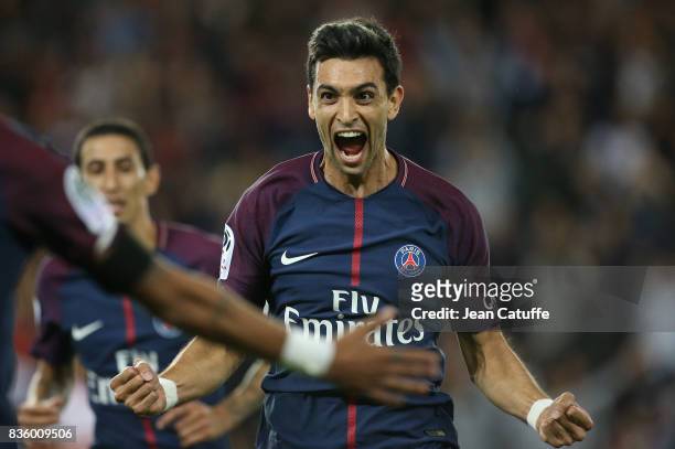 Javier Pastore of PSG celebrates his goal during the French Ligue 1 match between Paris Saint Germain and Toulouse FC at Parc des Princes on August...