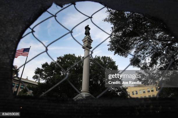 Monument featuring a statue of a Confederate soldier is seen in Hemming Park in the midst of a national controversy over whether Confederate symbols...