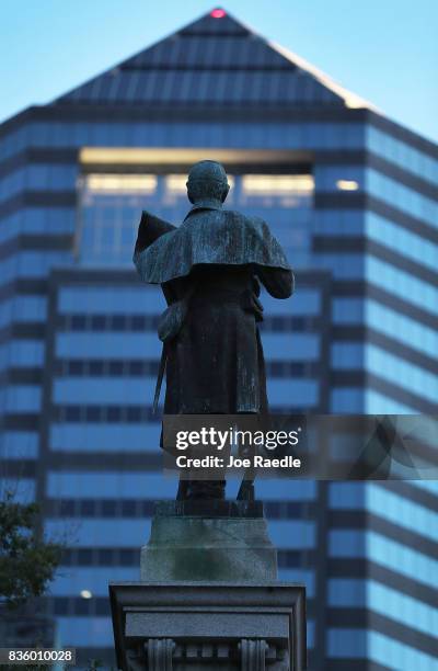 Monument featuring a statue of a Confederate soldier is seen in Hemming Park in the midst of a national controversy over whether Confederate symbols...