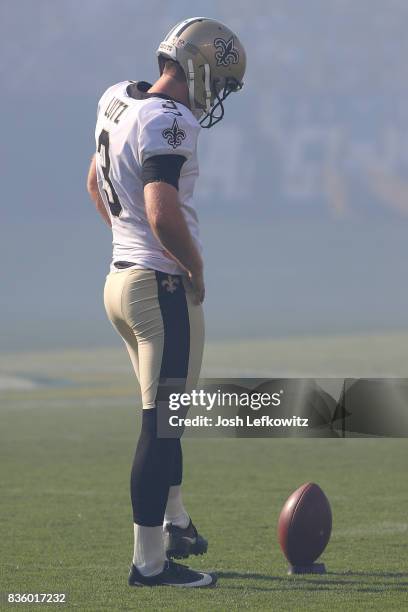 Wil Lutz of the New Orleans Saints before the game between the Los Angeles Chargers and the New Orleans Saints at the StubHub Center on August 20,...