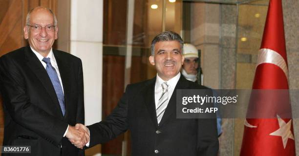 Turkish President Abdullah Gul and his Swiss counterpart Pascal Couchepin are pictured at the Cankaya Palace in Ankara on November 7, 2008. Couchepin...