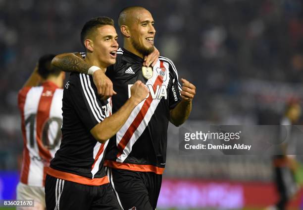 Jonatan Maidana of River Plate celebrates with teammate Rafael Santos Borre after scoring the third goal of his team during a match between River...