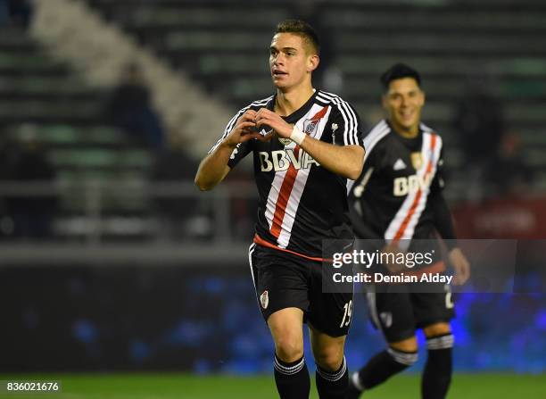 Rafael Santos Borre of River Plate celebrates after scoring the fourth goal of his team during a match between River Plate and Instituto as part of...