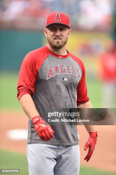 Cliff Pennington of the Los Angeles Angels of Anaheim looks on during batting practice of a baseball game against the Washington Nationals at...