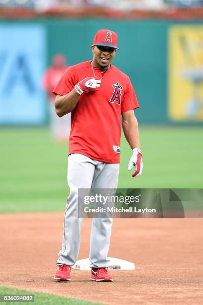 Ben Revere of the Los Angeles Angels of Anaheim looks on during batting practice of a baseball game against the Washington Nationals at Nationals...