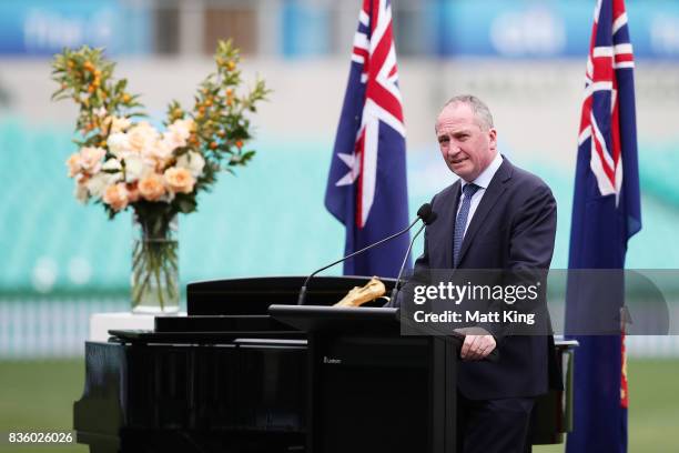 Deputy Prime Minister of Australia Barnaby Joyce speaks during a State Memorial service for Betty Cuthbert at Sydney Cricket Ground on August 21,...