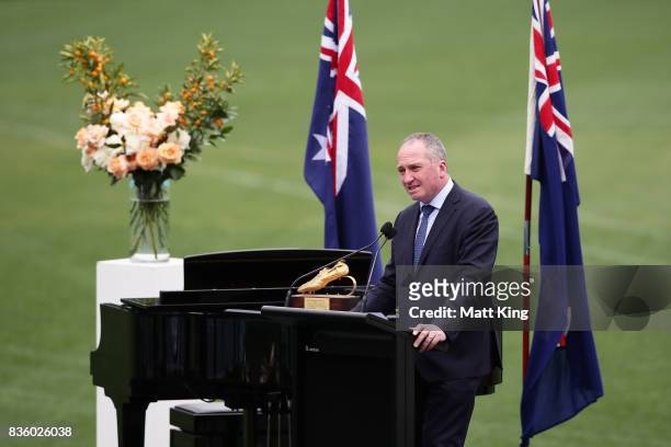 Deputy Prime Minister of Australia Barnaby Joyce speaks during a State Memorial service for Betty Cuthbert at Sydney Cricket Ground on August 21,...