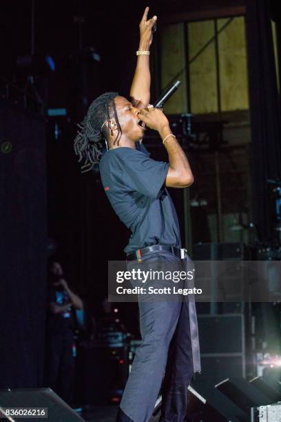 Rapper Joey Bada$$ performs in support of the Everybody's Tour at Meadow Brook Music Festival on August 20, 2017 in Rochester, Michigan.