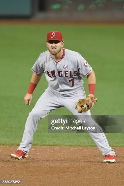 Cliff Pennington of the Los Angeles Angels of Anaheim in position during a baseball game against the Washington Nationals at Nationals Park on August...