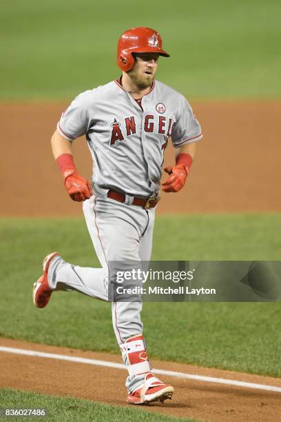 Cliff Pennington of the Los Angeles Angels of Anaheim runs home during a baseball game against the Washington Nationals at Nationals Park on August...
