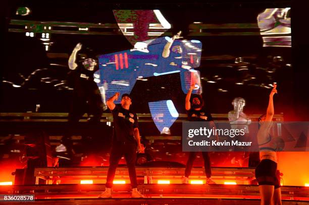 Walshy Fire and Jillionaire of the band Major Lazer perform during Day Two of 2017 Billboard Hot 100 Festival at Northwell Health at Jones Beach...