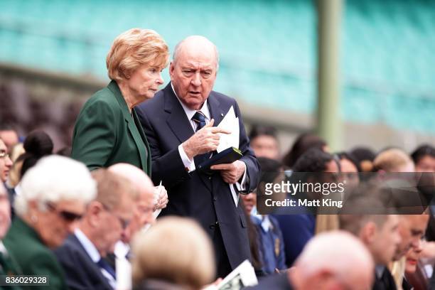 Marlene Mathews and Alan Jones arrive during a State Memorial service for Betty Cuthbert at Sydney Cricket Ground on August 21, 2017 in Sydney,...