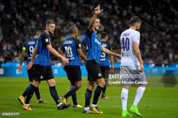 Ivan Perisic of FC Internazionale celebrates after scoring a goal during the Serie A football match between FC Internazionale and ACF Fiorentina. FC...