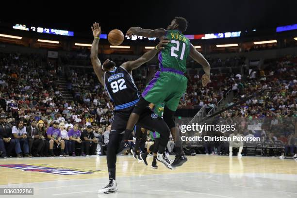 DeShawn Stevenson of the Power is blocked by Kareem Rush of the 3 Headed Monsters in week nine of the BIG3 three-on-three basketball league at...