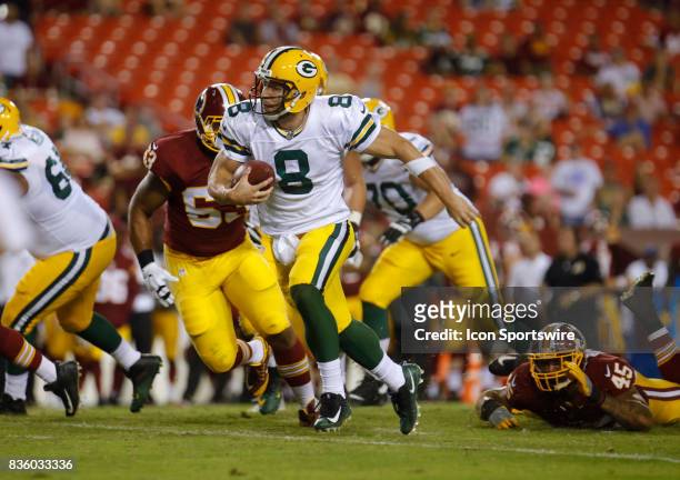 Green Bay Packers Quarterback Taysom Hill scrambles for a touchdown during the NFL preseason game between the Green Bay Packers and the Washington...