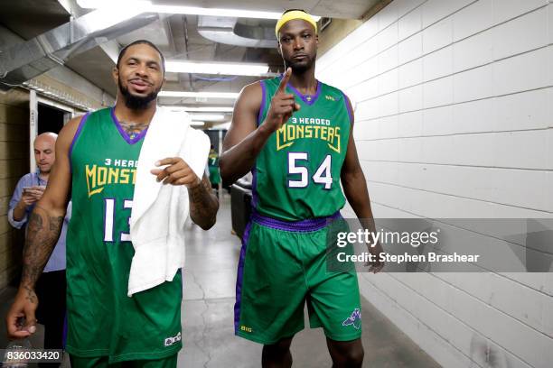 Eddie Basden and Kwame Brown of 3 Headed Monsters react in the hallway after winning the semifinals against the Power in week nine of the BIG3...