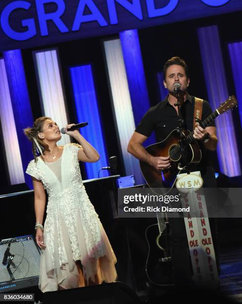 Singer/Songwriter/Actor Clare Bowen joins Singer/Songwriter/Actor Charles Esten on stage during Grand Ole Opry Total Eclipse 2017 Special Sunday...