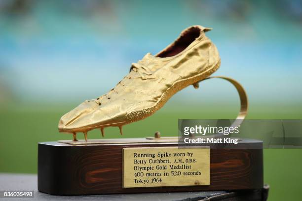 Running spike used by Betty Cuthbert is displayed during a State Memorial service for Betty Cuthbert at Sydney Cricket Ground on August 21, 2017 in...