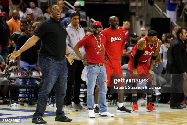 Head coach Rick Mahorn of the Trilogy reacts on the sidelines in the game against the Ghost Ballers in week nine of the BIG3 three-on-three...