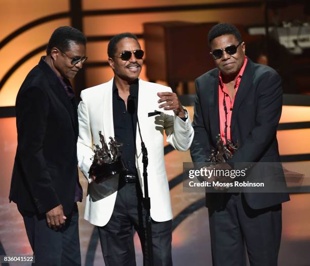 Tito Jackson, Marlon Jackson and Jackie Jackson of The Jacksons accept an award onstage at the 2017 Black Music Honors at Tennessee Performing Arts...