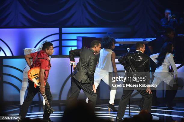 Tito Jackson,Jackie Jackson and Marlon Jackson of The Jacksons onstage at the 2017 Black Music Honors at Tennessee Performing Arts Center on August...