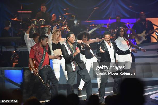 Tito Jackson,Jackie Jackson and Marlon Jackson of The Jacksons onstage at the 2017 Black Music Honors at Tennessee Performing Arts Center on August...