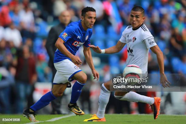 Omar Mendoza of Cruz Azul struggles for the ball with Luis Reyes of Atlas during the fifth round match between Cruz Azul and Atlas as part of the...