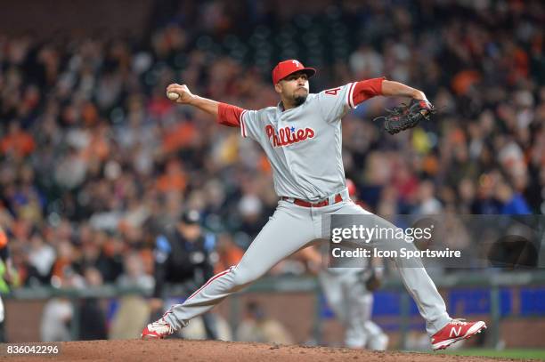 Philadelphia Phillies Pitcher Jesen Therrien pitches during the San Francisco Giants versus Philadelphia Phillies game at AT&T Park on August 18,...