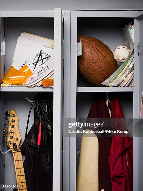 contents of high school lockers. - sports equipment locker stock pictures, royalty-free photos & images