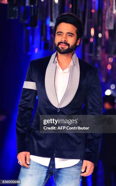 Indian Bollywood actor Jackky Bhagnani poses for a photograph during the grand finale of Lakme Fashion Week Winter/Festive 2017 in Mumbai on August...